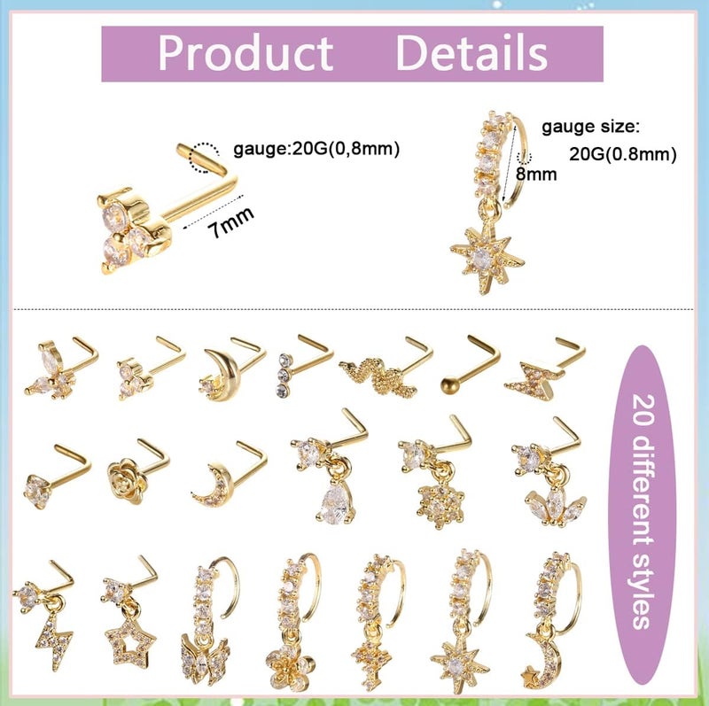 SAMOCO 20Pcs 20G Dangle Nose Ring L Shaped Dangling Nose Stud for Women Stainless Steel Nose Ring Studs CZ Flower Dangle Nose Rings Hoops Nose Piercing - Image 3